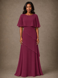 Taupe Chiffon A-Line Mother of the Bride Dress with Cape Sleeves