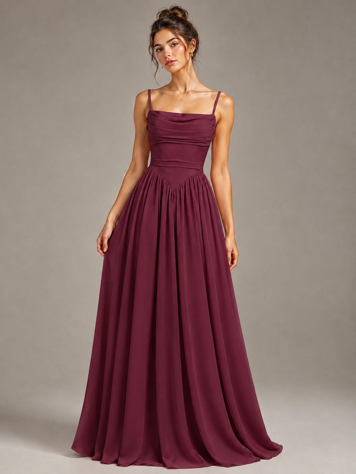 Spaghetti Strap Ruched Chiffon Maxi Dress with Backless
