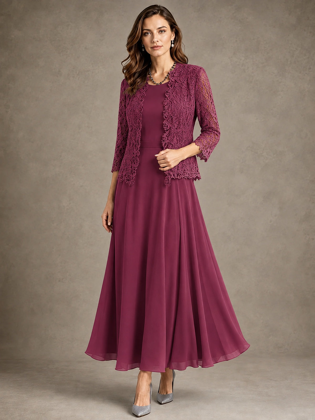 2-Piece Chiffon Mother of the Bride Dress with Lace Jacket
