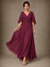 V-Neck Chiffon Lace Mother of the Bride Dress with Flutter Sleeves