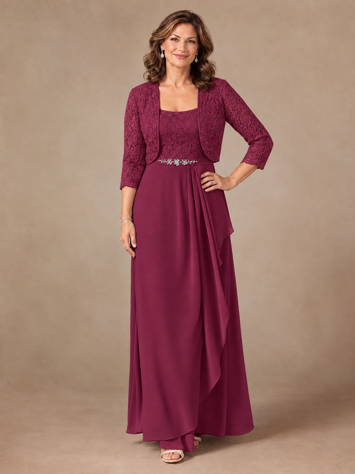 Blush Pink A-Line Mother of the Bride Dress with Lace Jacket and Ruffles