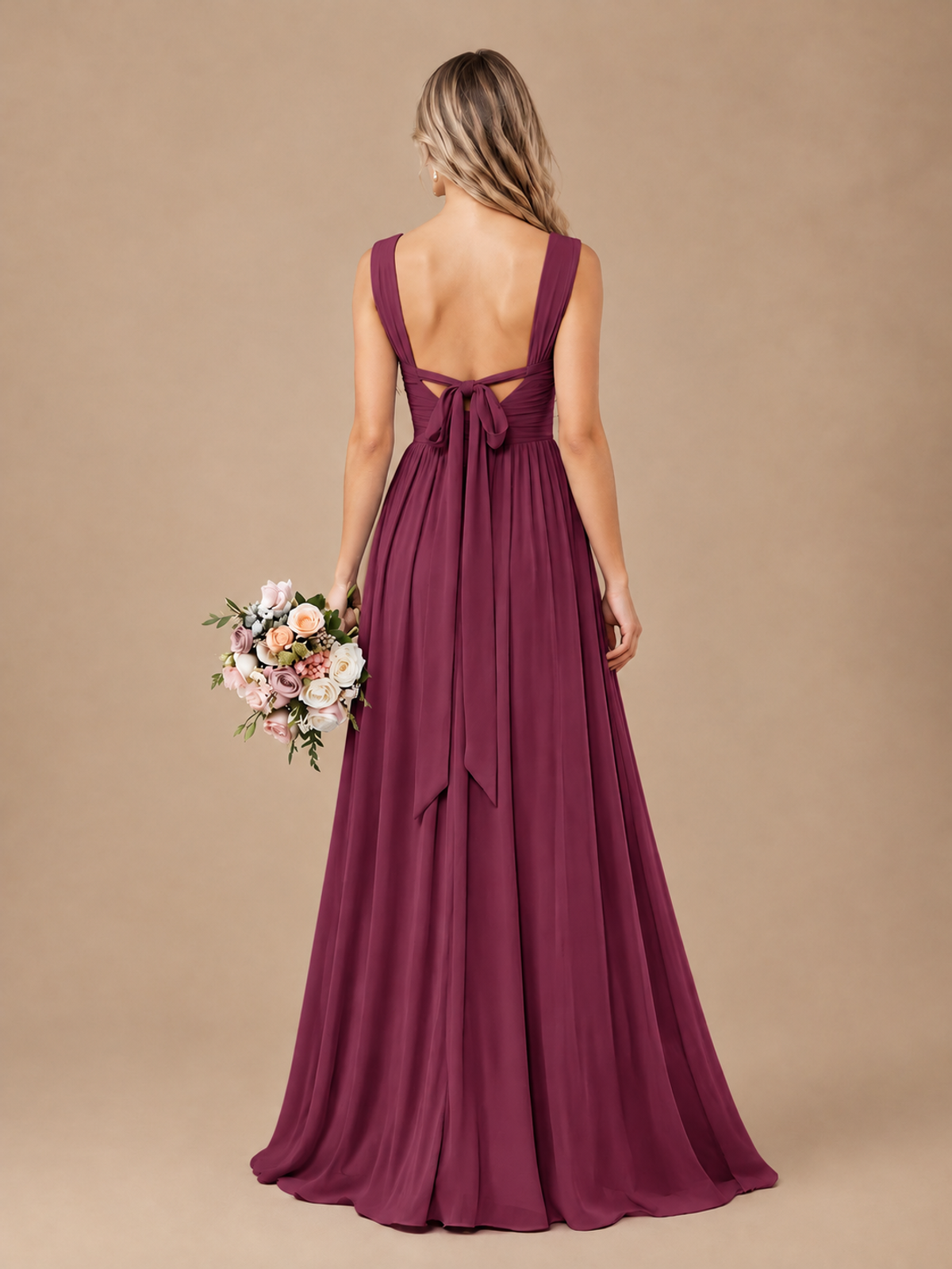 Pleated Chiffon V Neck Wedding Bridesmaid Dresses Floor Length with Slit