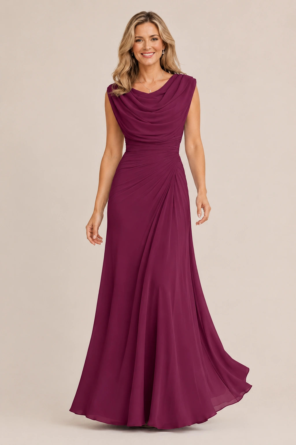 Cowl Neck Ruched Chiffon Mother of the Bride Dress