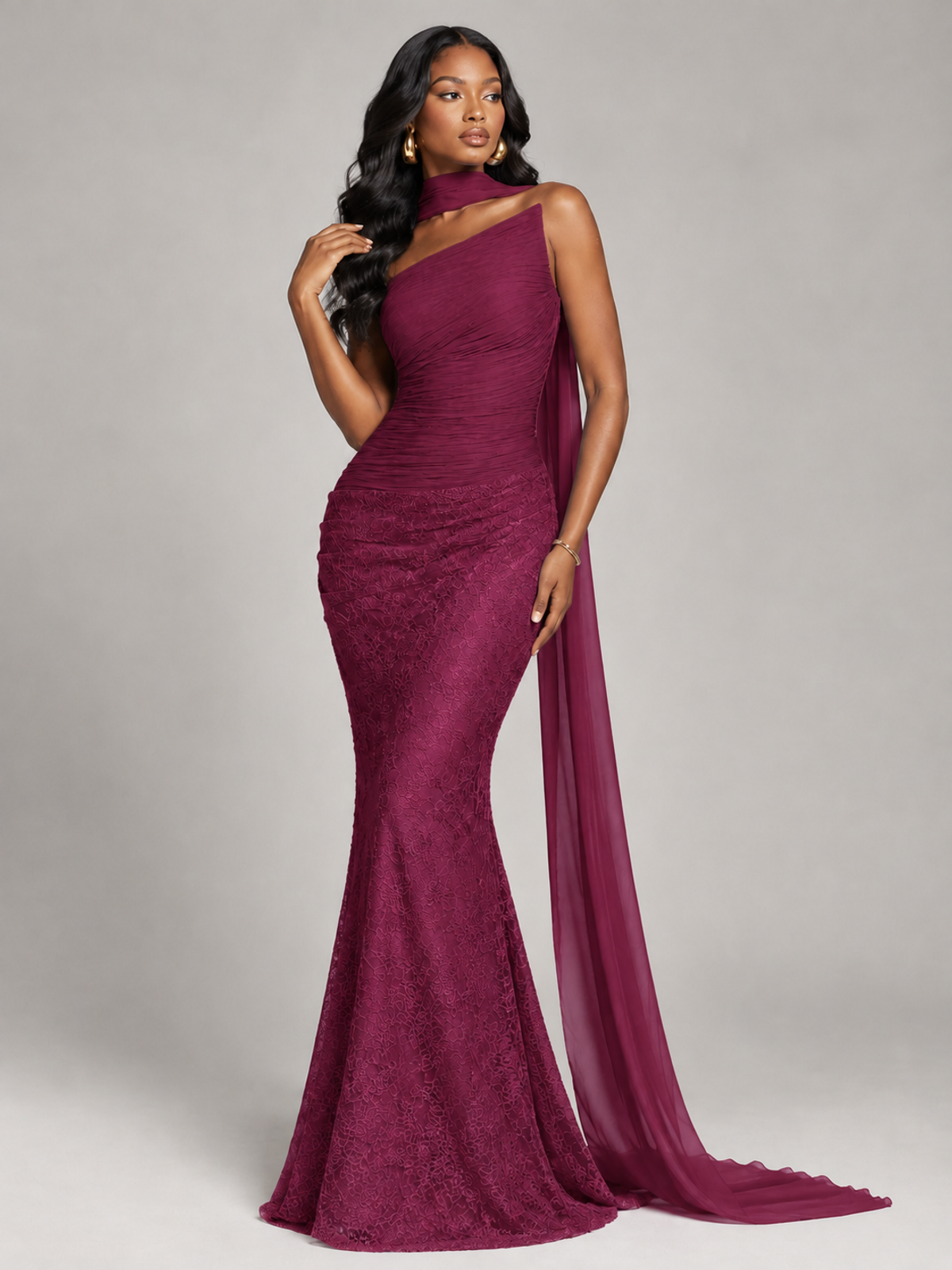 Pleated Chiffon Lace Prom Dresses Long Bodycon Mermaid with Scarf