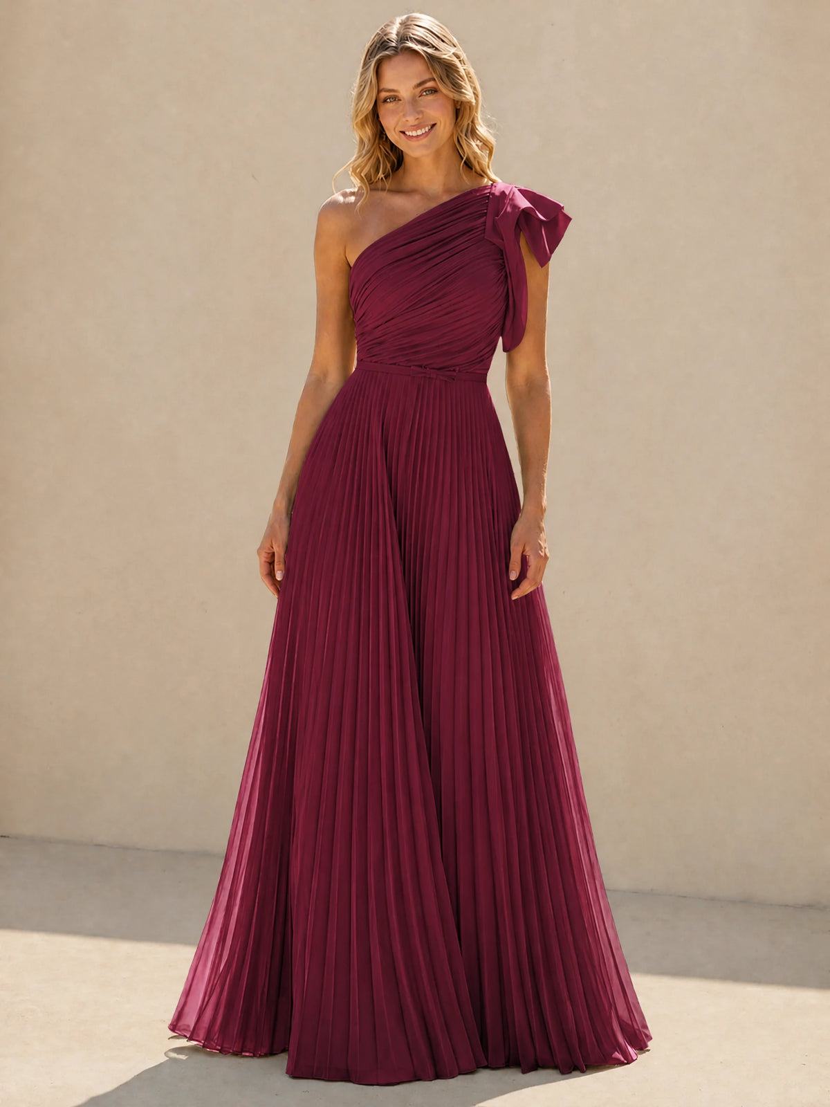 One Shoulder Pleated Chiffon A-Line Floor-Length Bridesmaid Dress