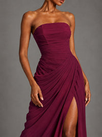 Strapless Bodycon Pleated Chiffon Formal Dress with Slit