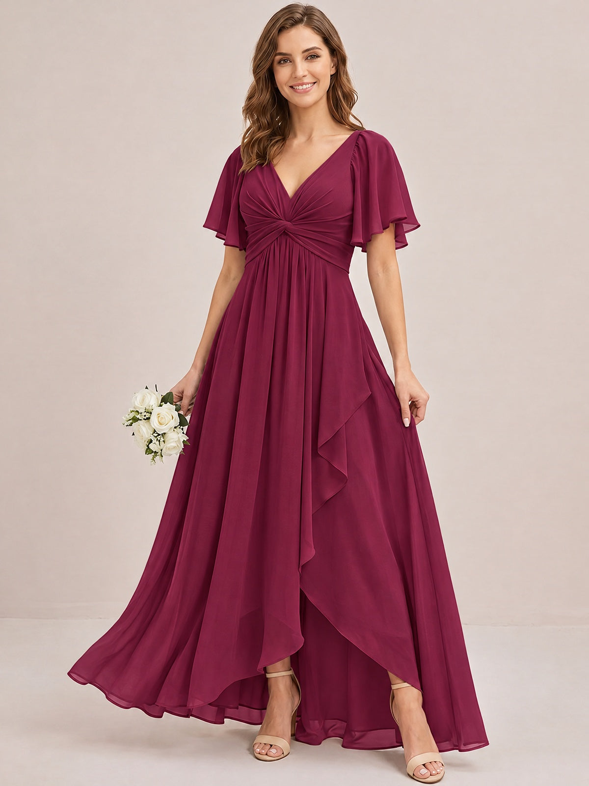 Dusty Blue Chiffon Bridesmaid Dress with Flutter Sleeves & High-Low Hem