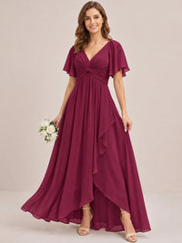 Dusty Blue Chiffon Bridesmaid Dress with Flutter Sleeves & High-Low Hem