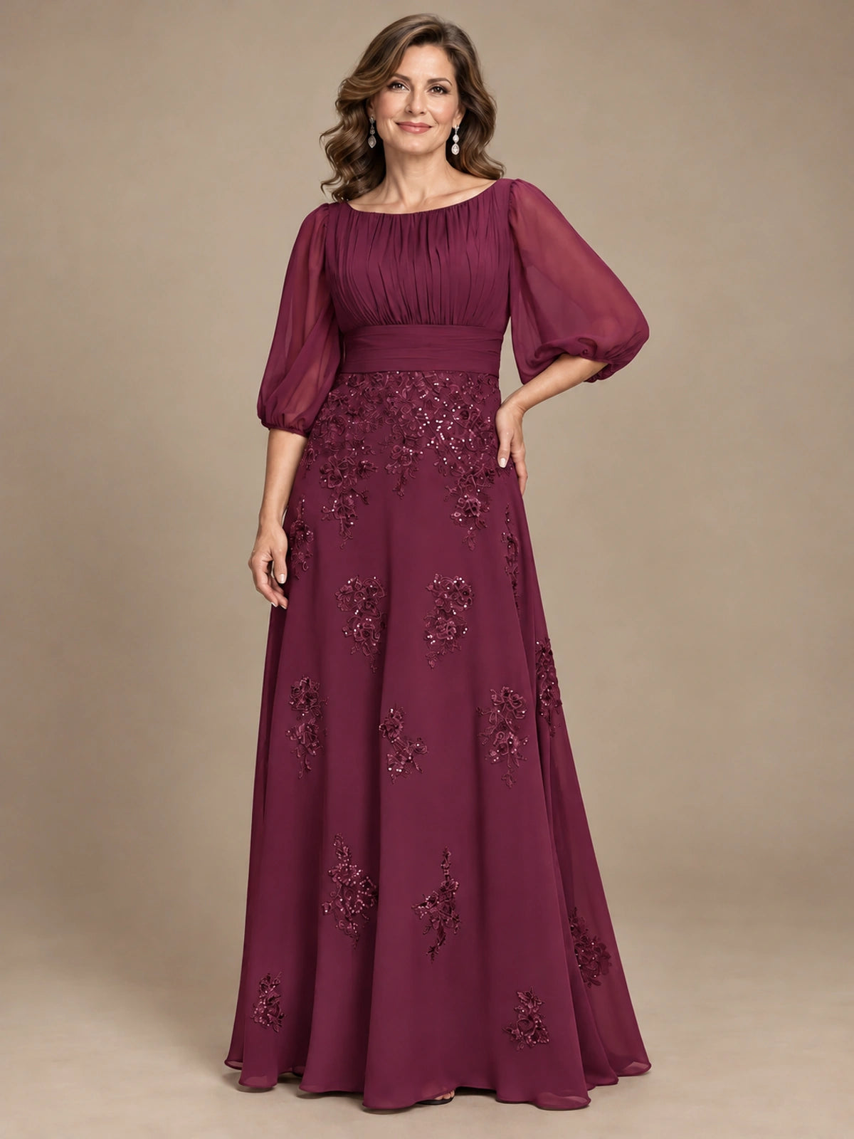 A-Line Mother of the Bride Dress with Sheer Puff Sleeves