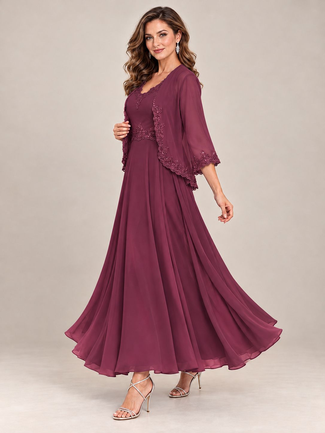 Dusty Blue Floral Lace Chiffon Mother of the Bride Dress with Jacket