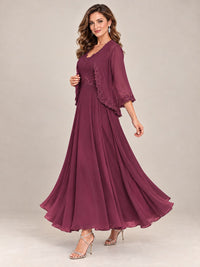 Dusty Blue Floral Lace Chiffon Mother of the Bride Dress with Jacket
