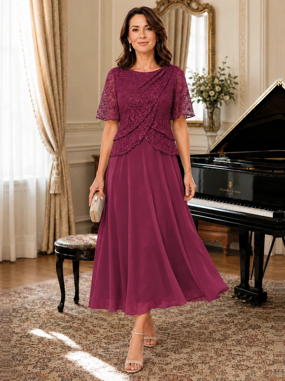 Tea-Length Chiffon Mother of the Bride Dress with Sequin Lace Sleeves