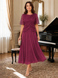 Tea-Length Chiffon Mother of the Bride Dress with Sequin Lace Sleeves