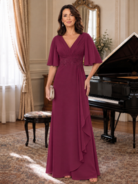 Desert Rose V-Neck Chiffon Lace Mother of the Bride Dresses with Flutter Sleeve A-line Long Ruffled Evening Formal Wedding Guest Gown