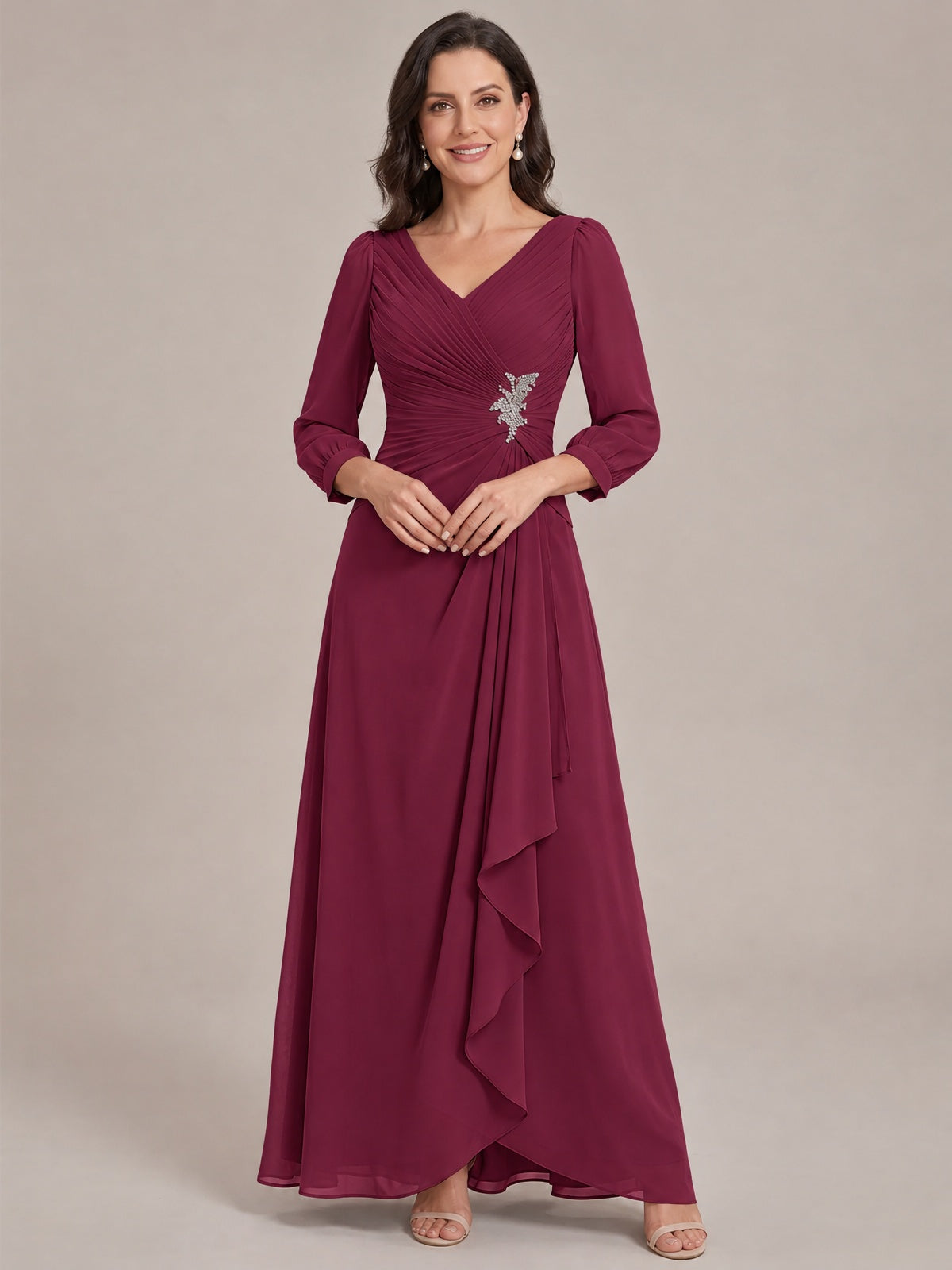 Desert Rose-Long Sleeve Chiffon Beaded Mother of The Bride Dresses for Women