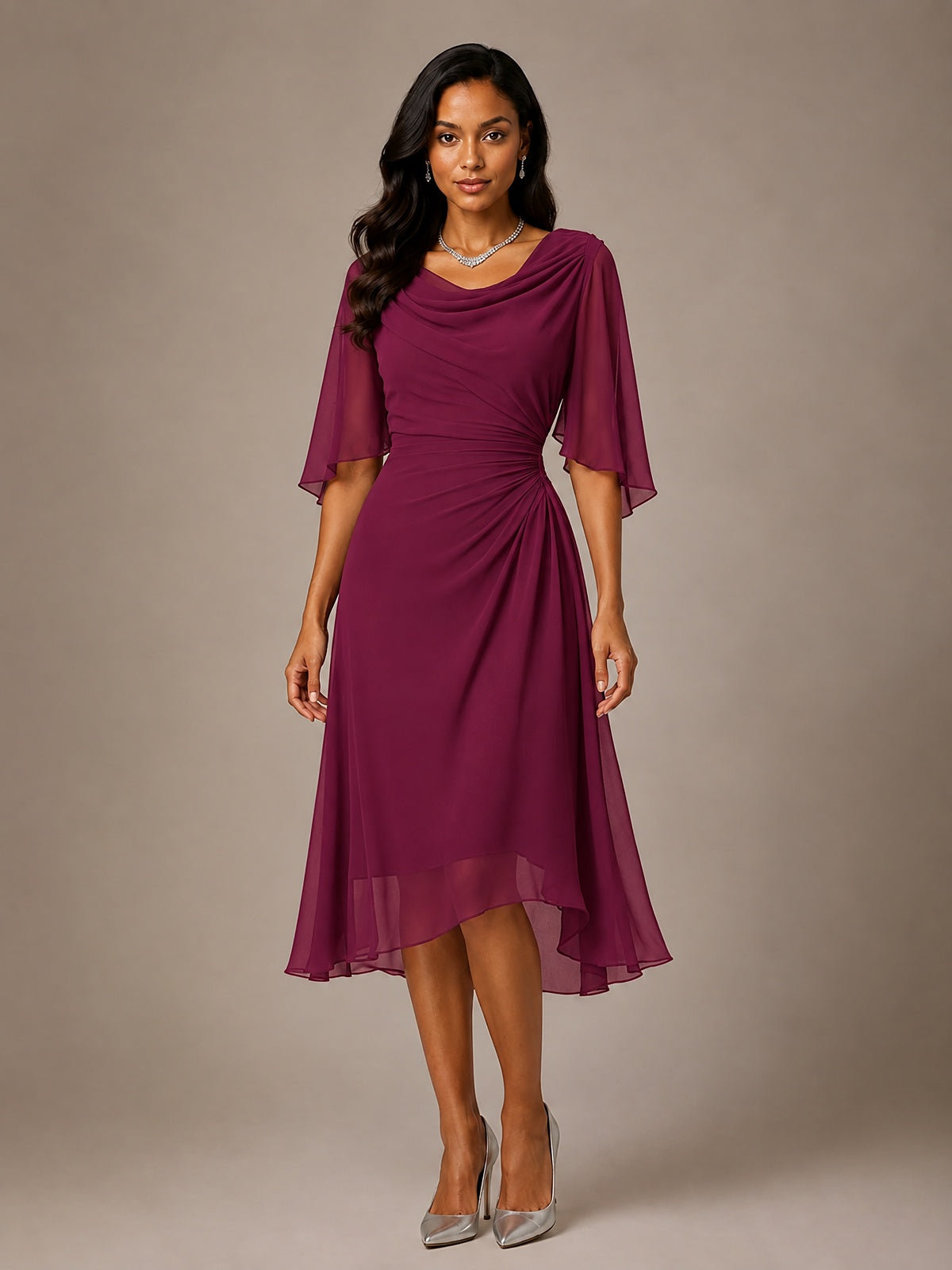 Cowl Neck Ruched Chiffon Mother of the Bride Dresses with Flutter Sleeves