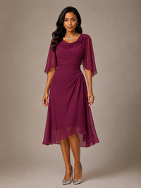 Cowl Neck Ruched Chiffon Mother of the Bride Dresses with Flutter Sleeves