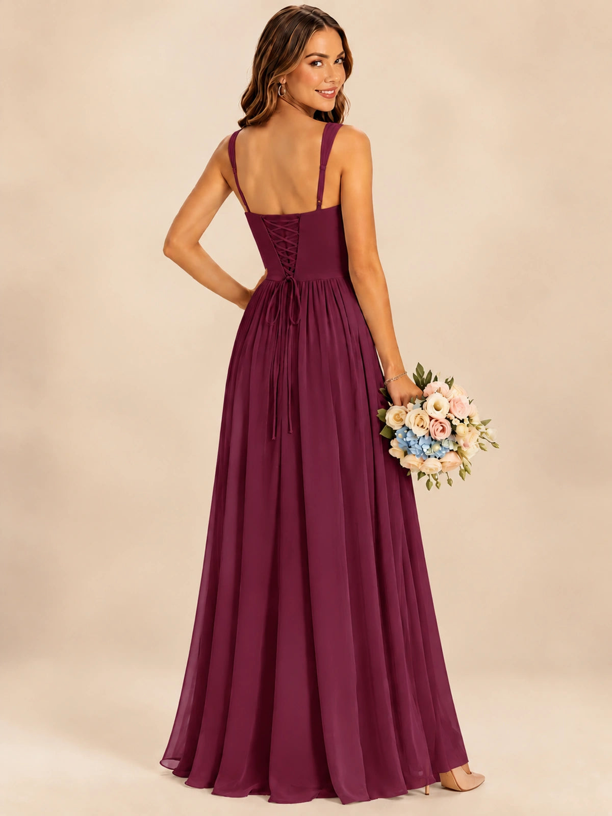 Spaghetti Straps Pleated Chiffon Bridesmaid Dress with Ruffle Slit
