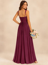 Spaghetti Straps Pleated Chiffon Bridesmaid Dress with Ruffle Slit