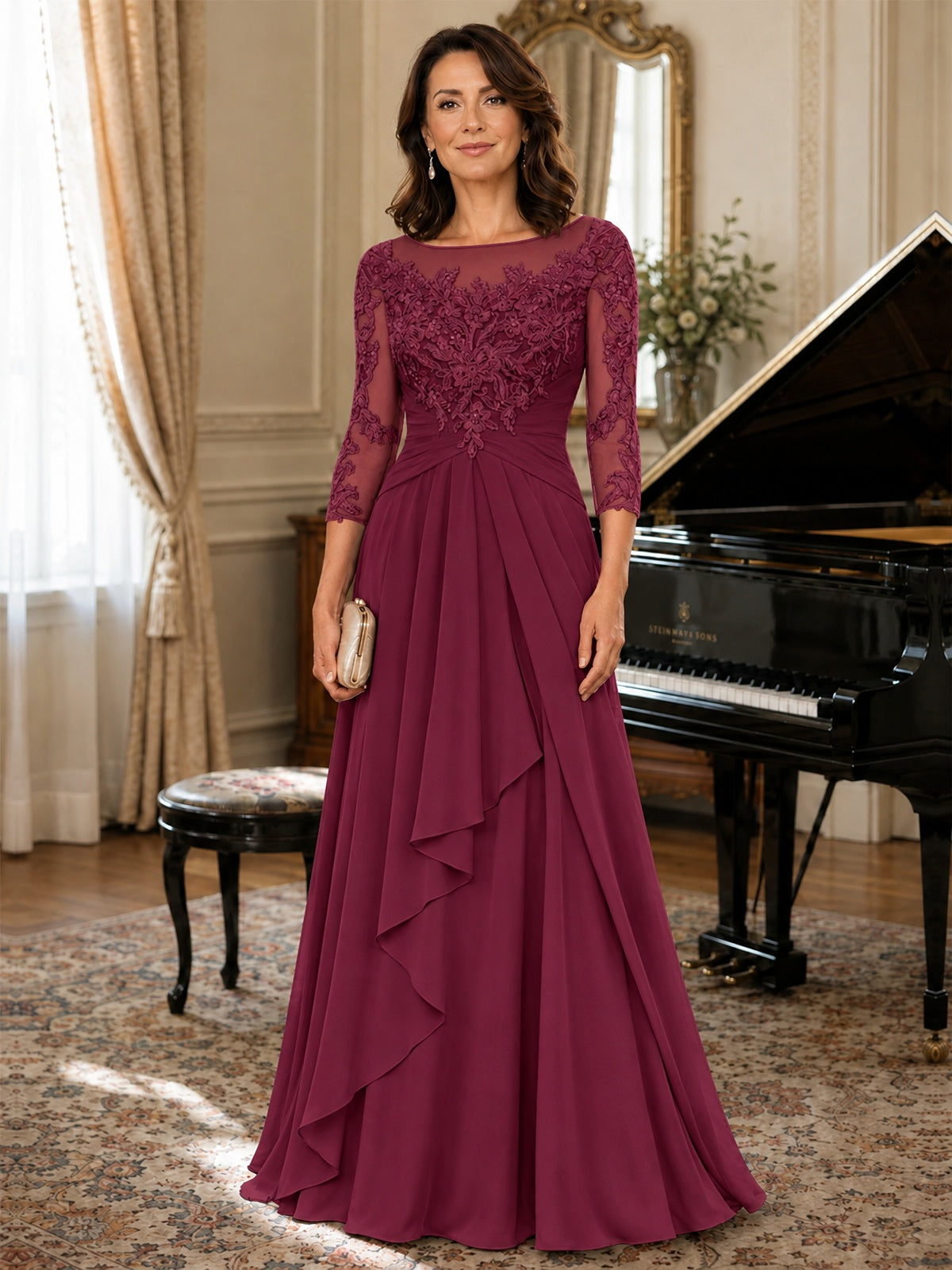 A-Line Chiffon Mother of the Bride Dress with Floral Applique 3/4 Sleeves