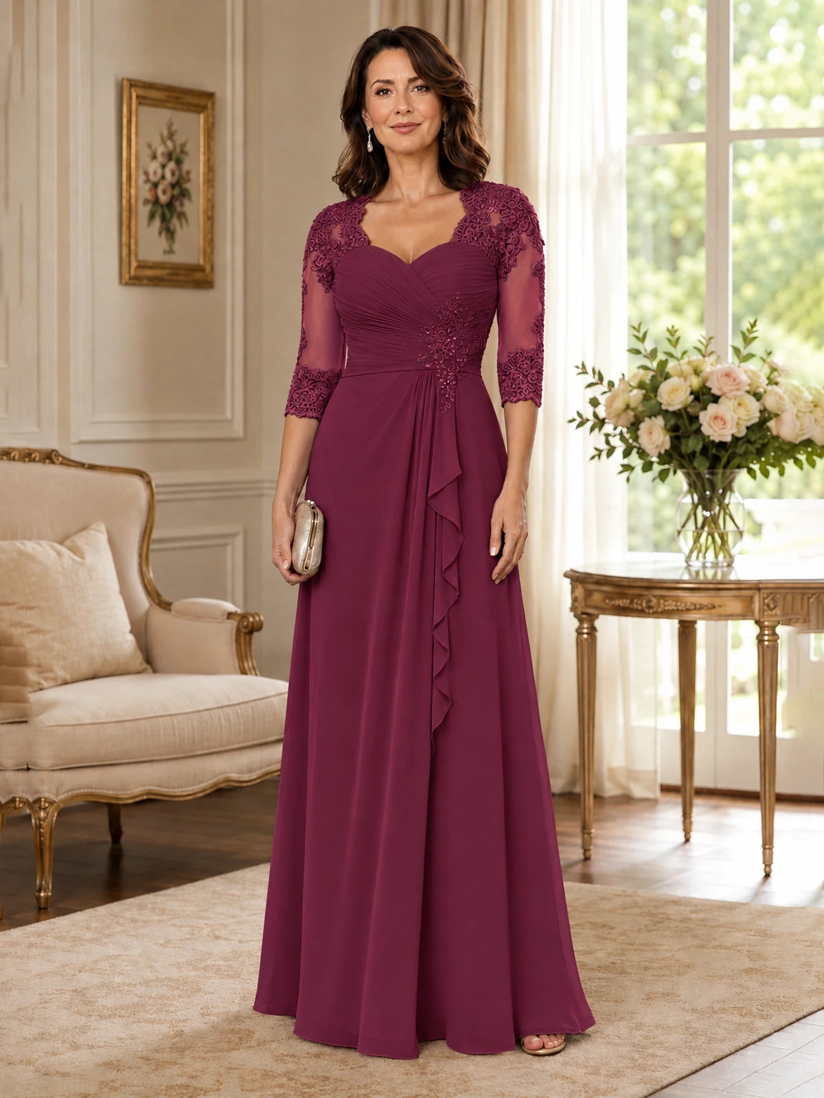 Chiffon Lace Applique Mother of the Bride Dress with 3/4 Sleeves