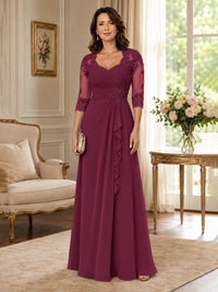 Chiffon Lace Applique Mother of the Bride Dress with 3/4 Sleeves