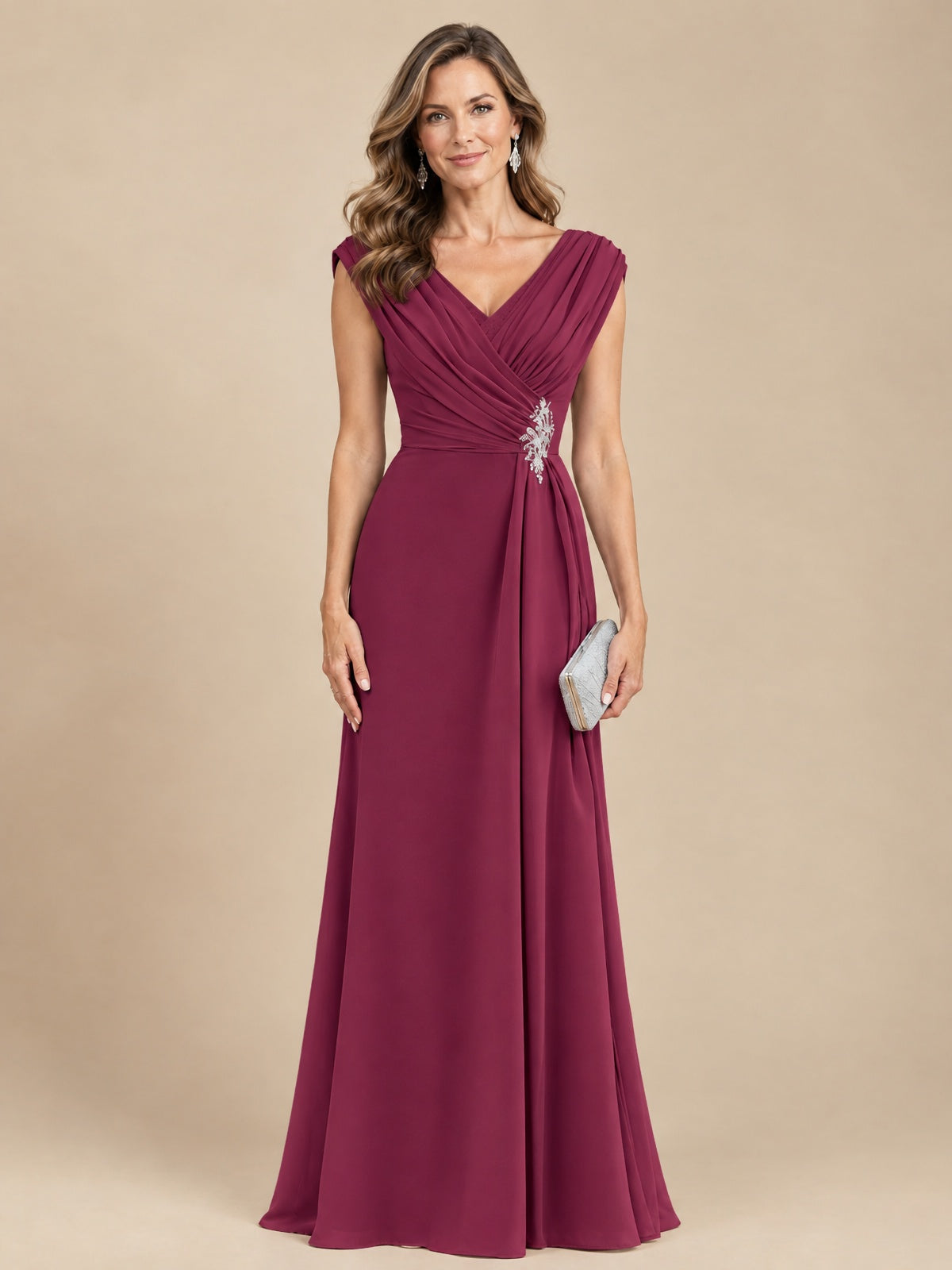 V Neck Pleated Mother of The Bride Dresses with Beading Cap Sleeves