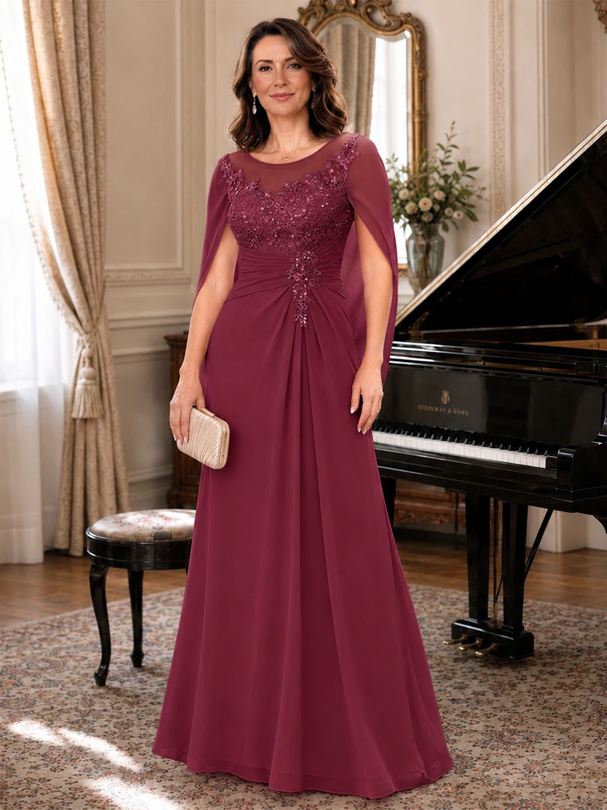 Elegant Applique Chiffon Mother of the Bride Dress with Cape Sleeves