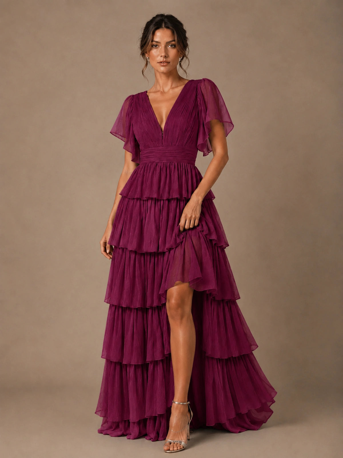 Chiffon V-Neck Tiered Ruffle Bridesmaid Dress with Slit