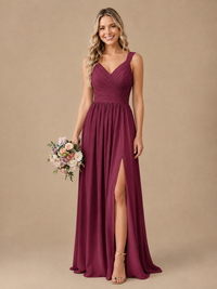Pleated Chiffon V Neck Wedding Bridesmaid Dresses Floor Length with Slit