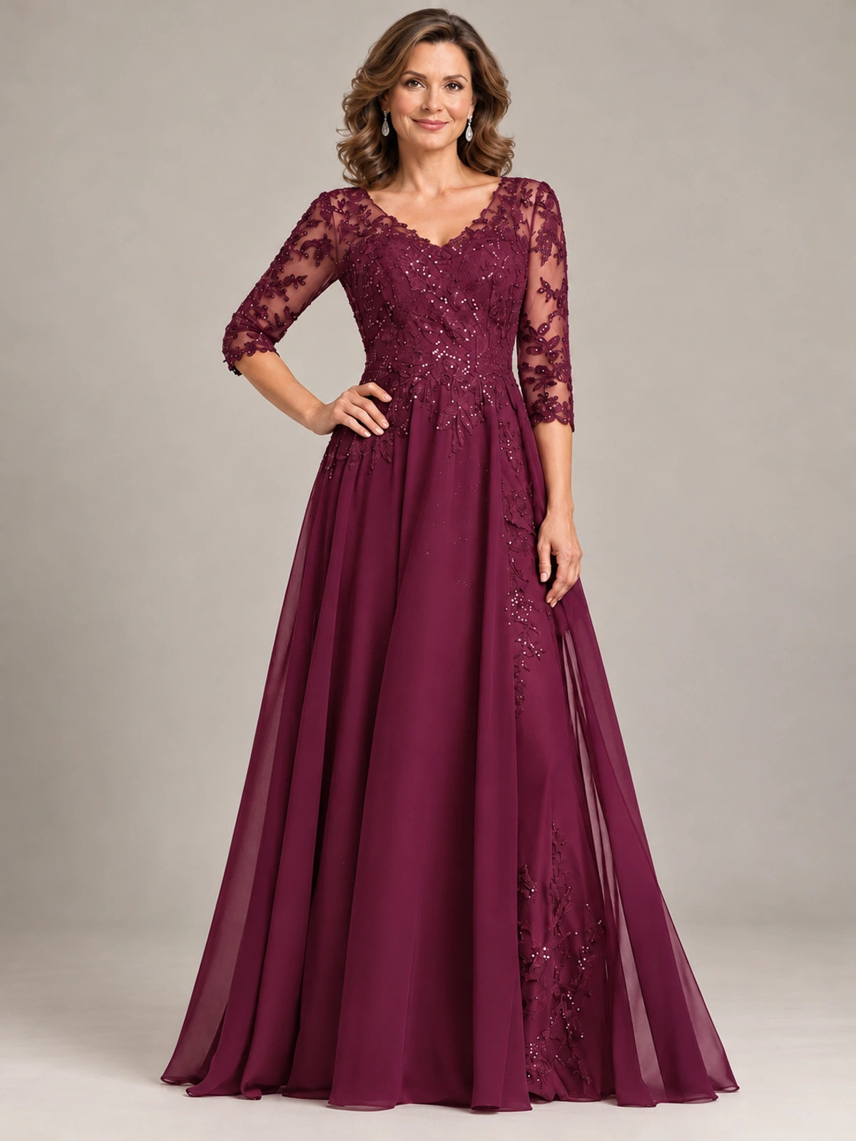 Sequin Lace A-Line Mother of the Bride Dress with 3/4 Sleeves