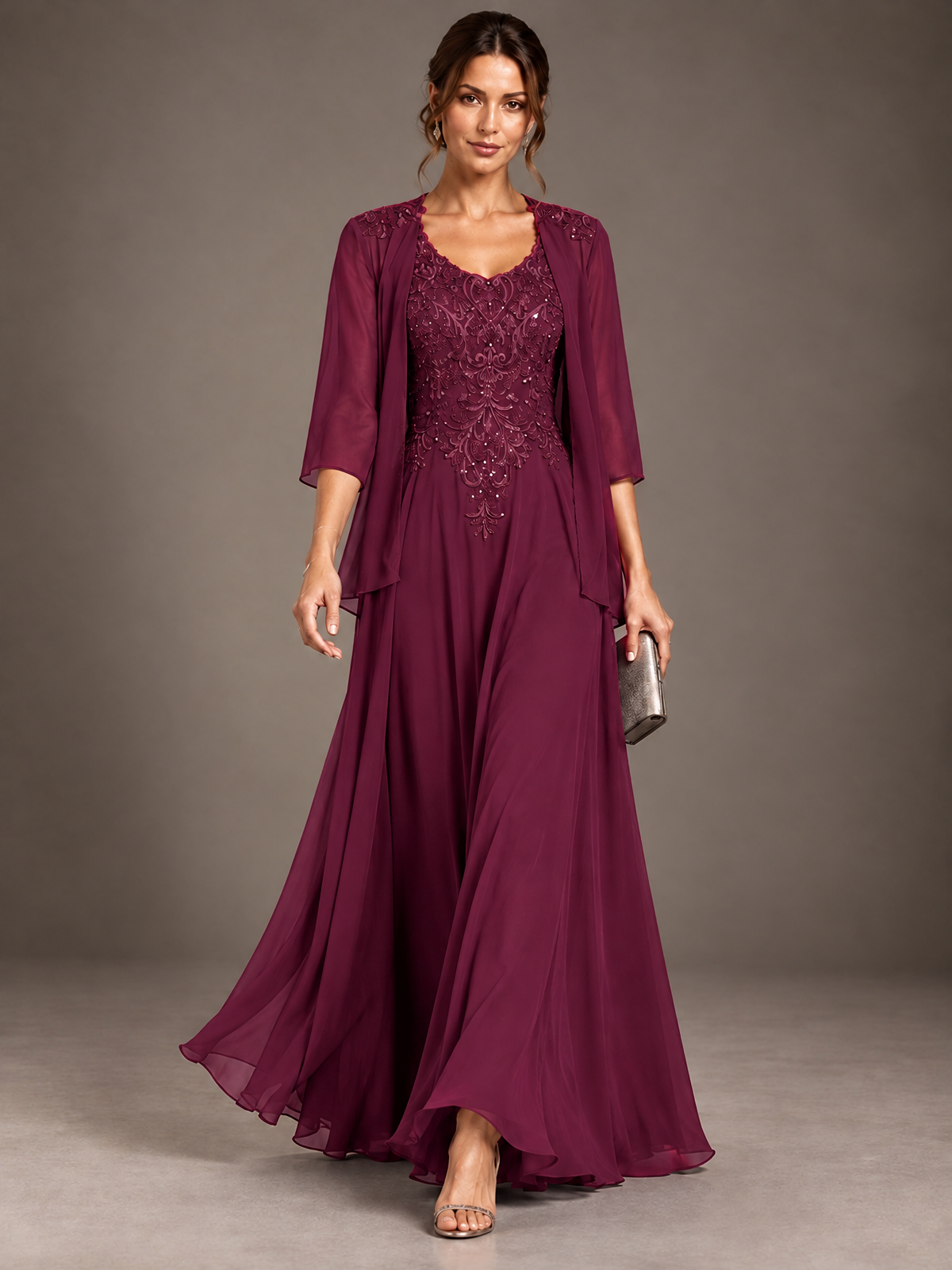 A-line 2 Pieces Chiffon Appliques Mother of The Bride Dresses with Jackets