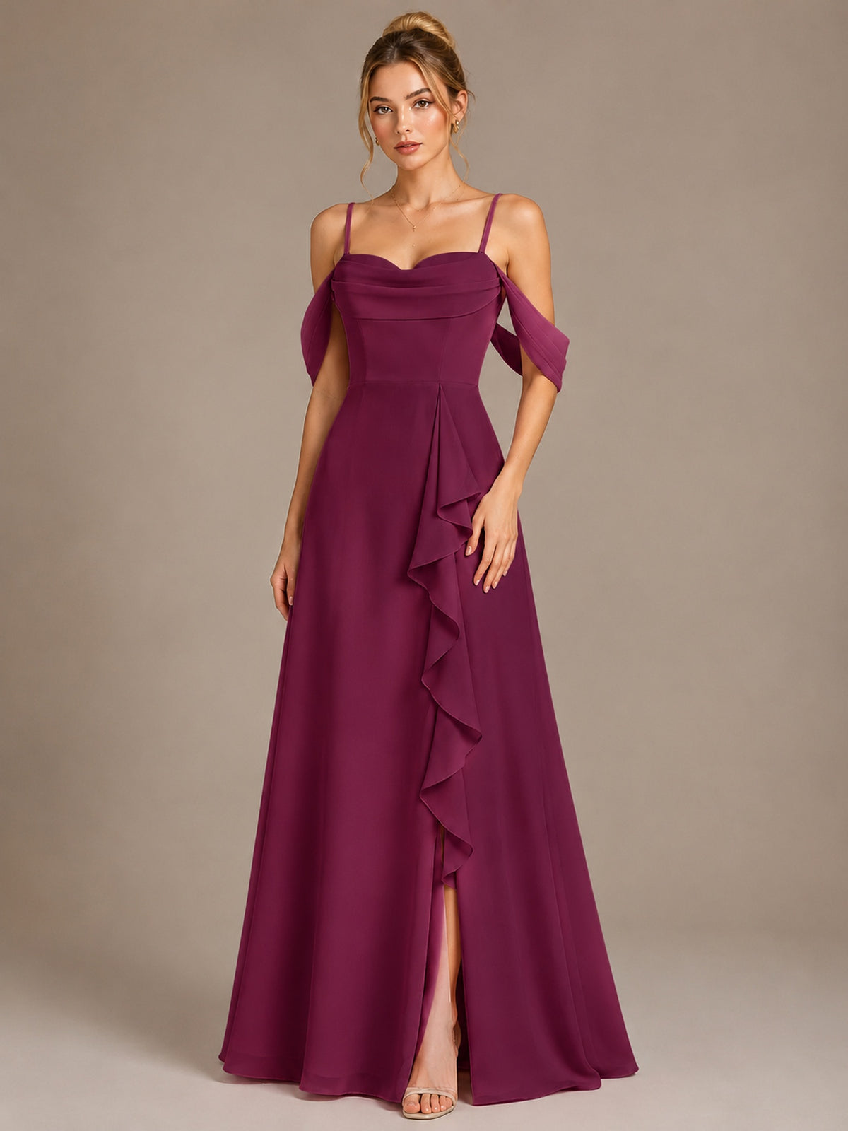 Spaghetti Strap Chiffon Bridesmaid Dress with Ruffles Slit