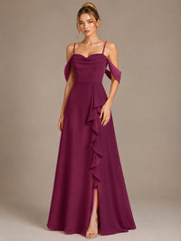 Spaghetti Strap Chiffon Bridesmaid Dress with Ruffles Slit
