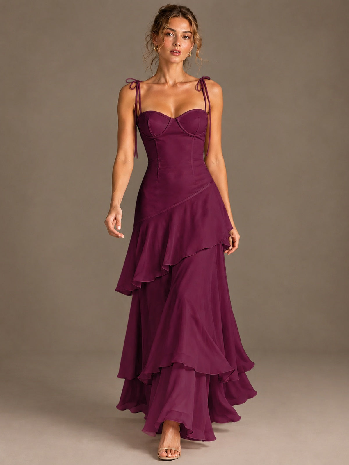 Spaghetti Strap Tiered Ruffles Chiffon Prom Dress