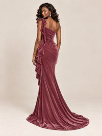 Black Velvet One-Shoulder Mermaid Evening Gown with Bow & Ruffles