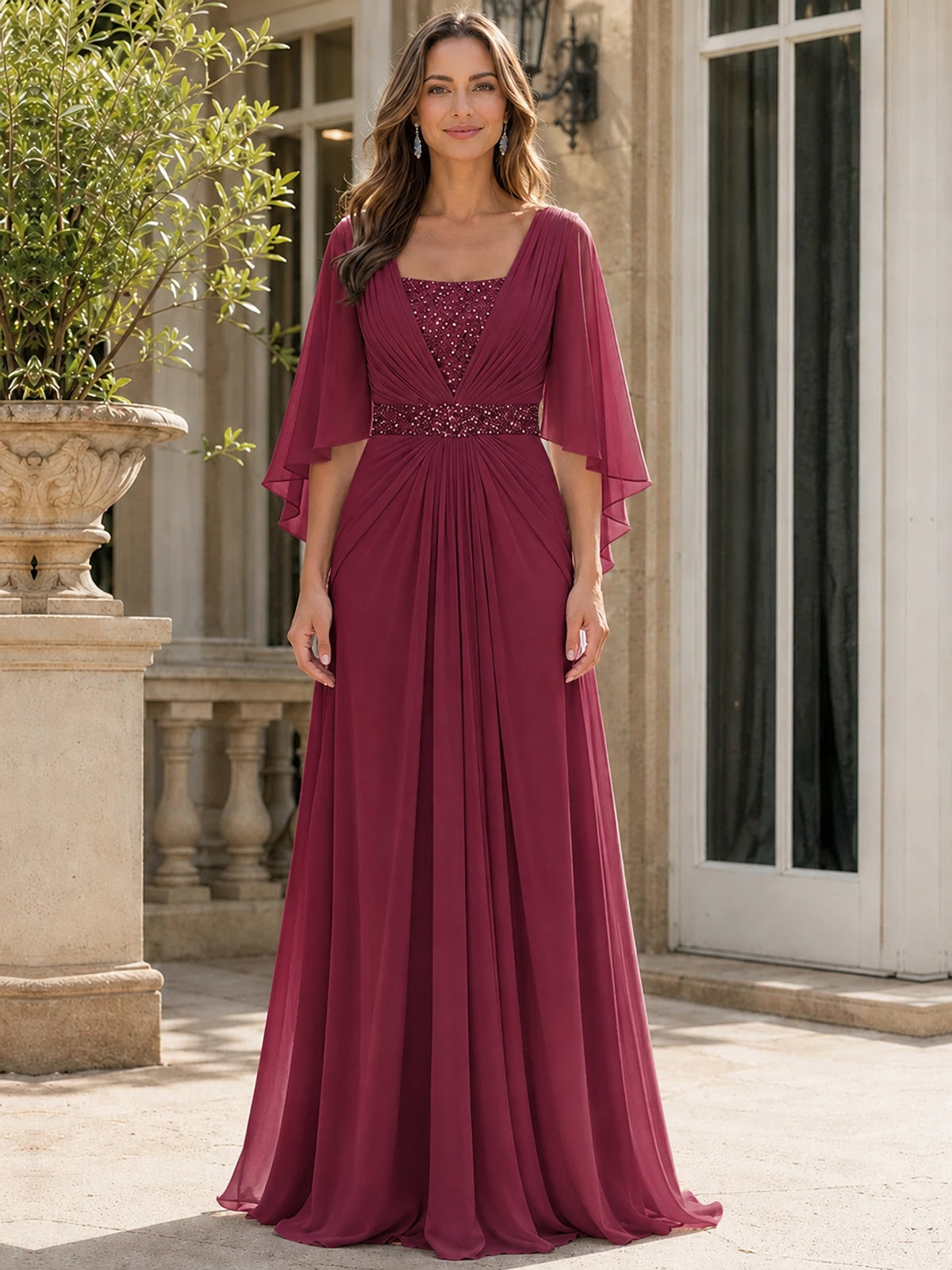 Elegant V-Neck Sequined Chiffon Mother of the Bride Dress with Flutter Sleeves