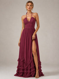 Halter V Neck Chiffon Formal Dress with Lace-Up Back and Ruffle Hem