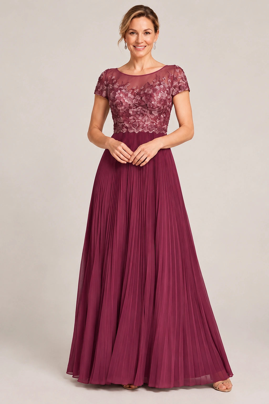Embroidered Lace Pleated Mother of the Bride Dress