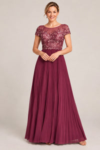Embroidered Lace Pleated Mother of the Bride Dress