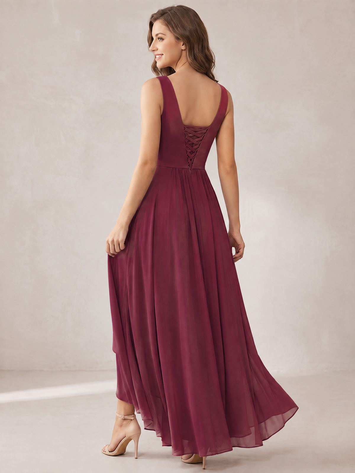 V-Neck High-Low Chiffon Bridesmaid Dress with Ruffles
