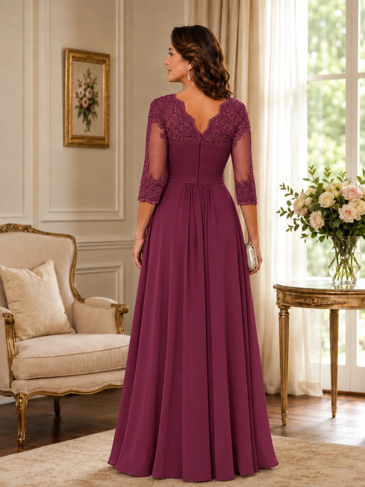Chiffon Lace Applique Mother of the Bride Dress with 3/4 Sleeves