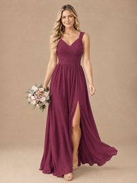 Pleated Chiffon V Neck Wedding Bridesmaid Dresses Floor Length with Slit