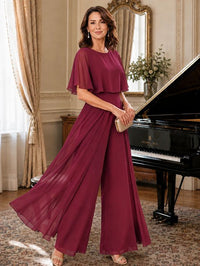 Chiffon Mother of the Bride Jumpsuit with Layered Cape Sleeves
