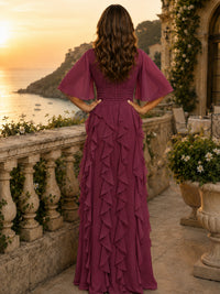 Elegant Chiffon Mother of the Bride Dress with Flutter Sleeves and Ruffle Skirt