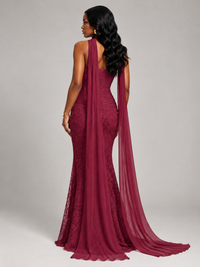 Pleated Chiffon Lace Prom Dresses Long Bodycon Mermaid with Scarf