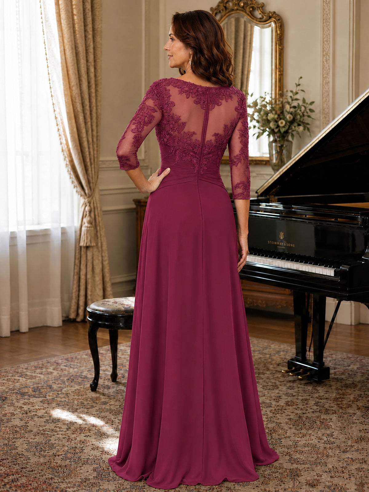 A-Line Chiffon Mother of the Bride Dress with Floral Applique 3/4 Sleeves