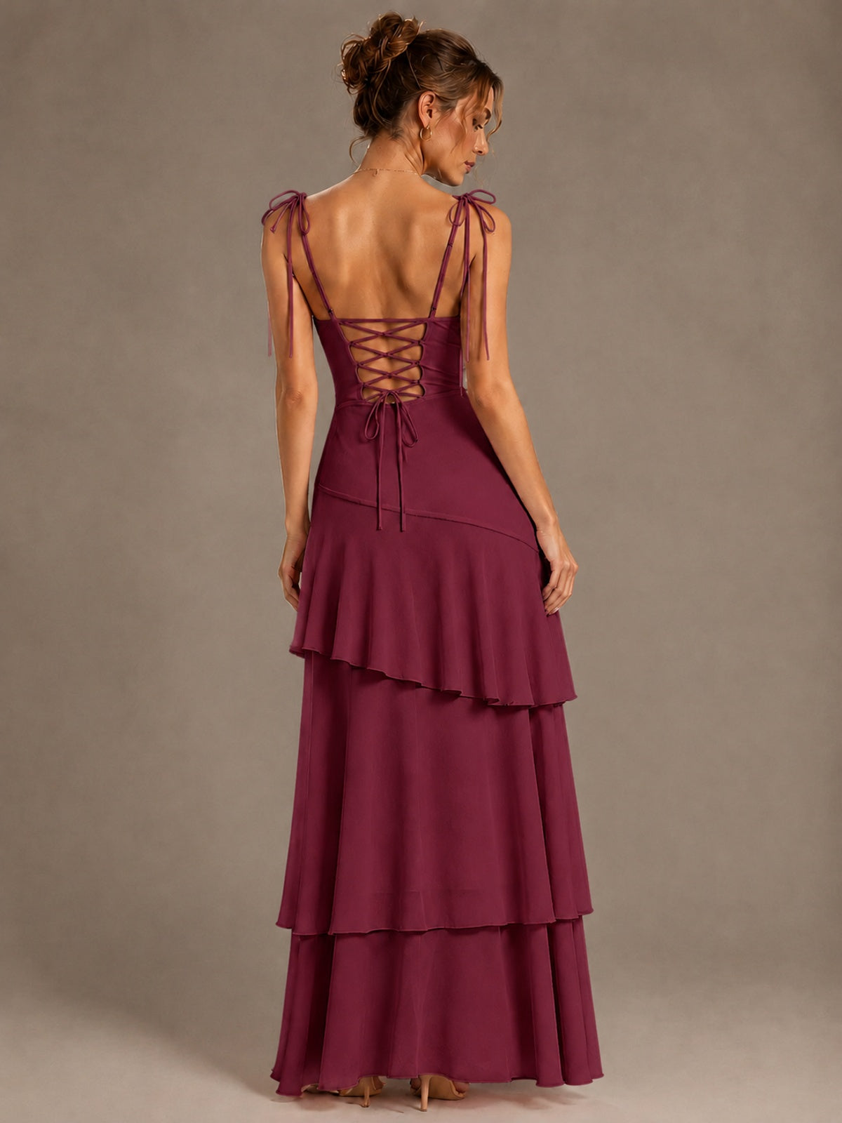 Spaghetti Strap Tiered Ruffles Chiffon Prom Dress