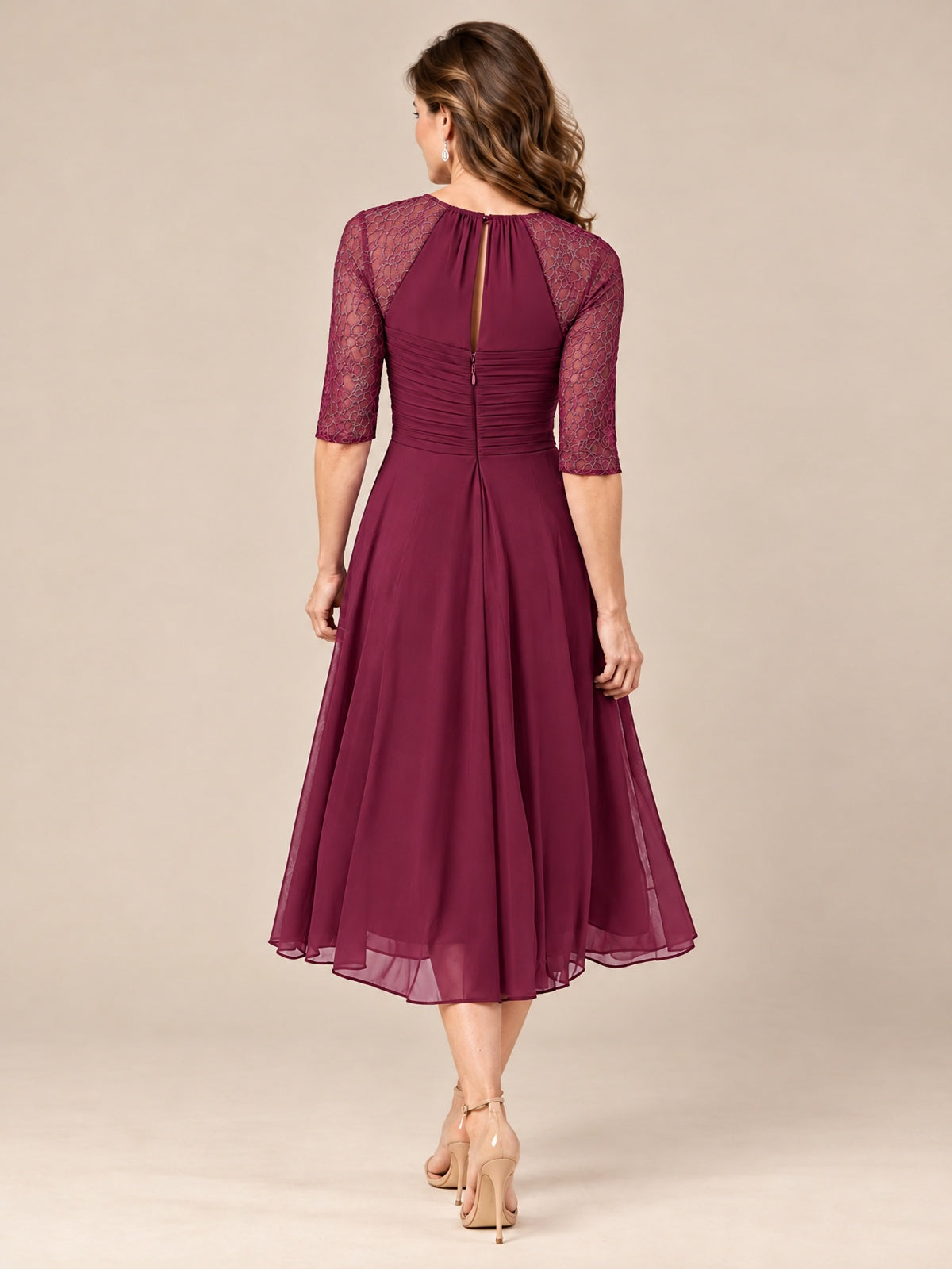 Tea-Length Mother of the Bride Dress with Lace 3/4 Sleeves