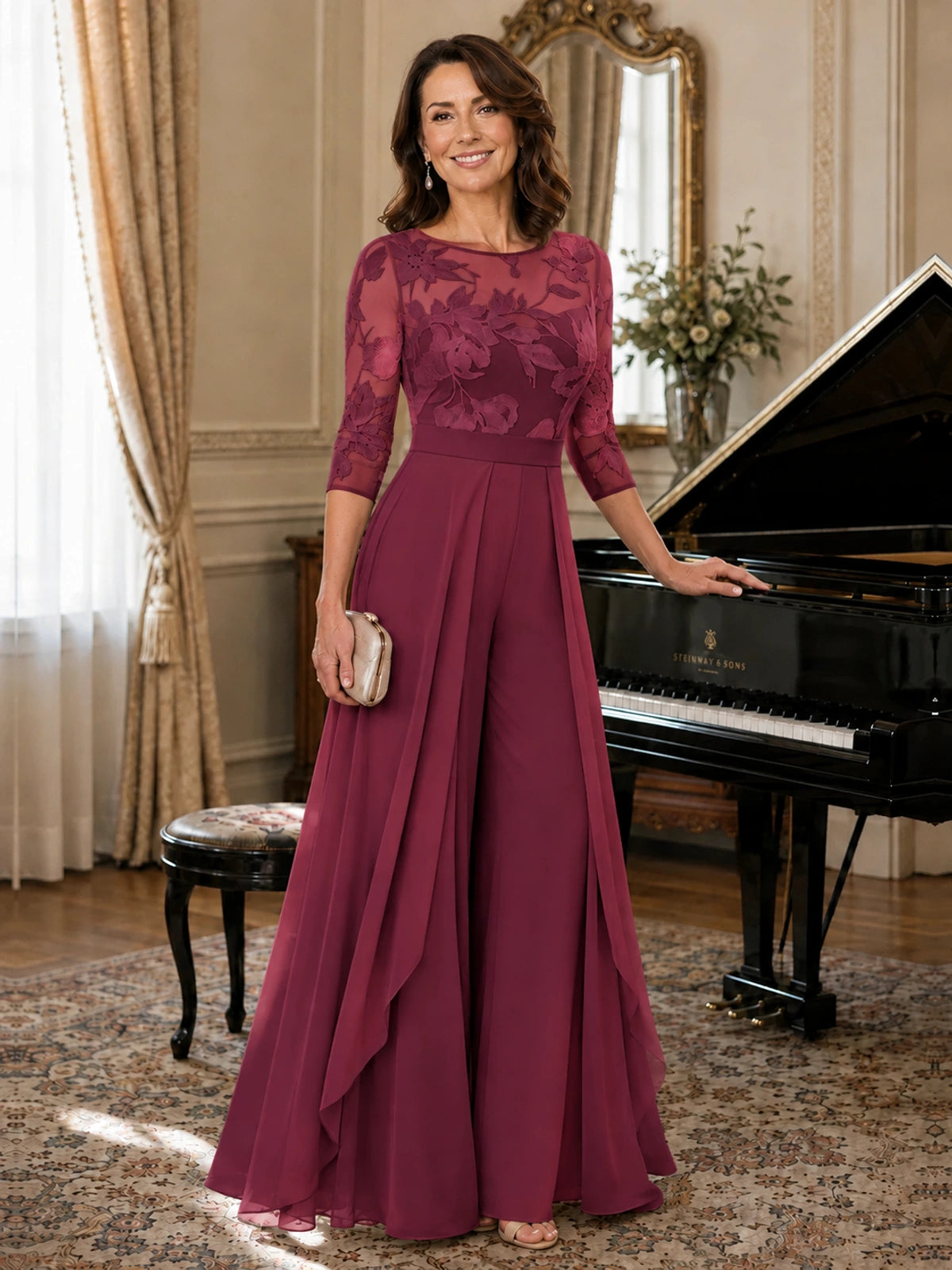 Lace Applique Wide-Leg Chiffon Mother of the Bride Jumpsuit